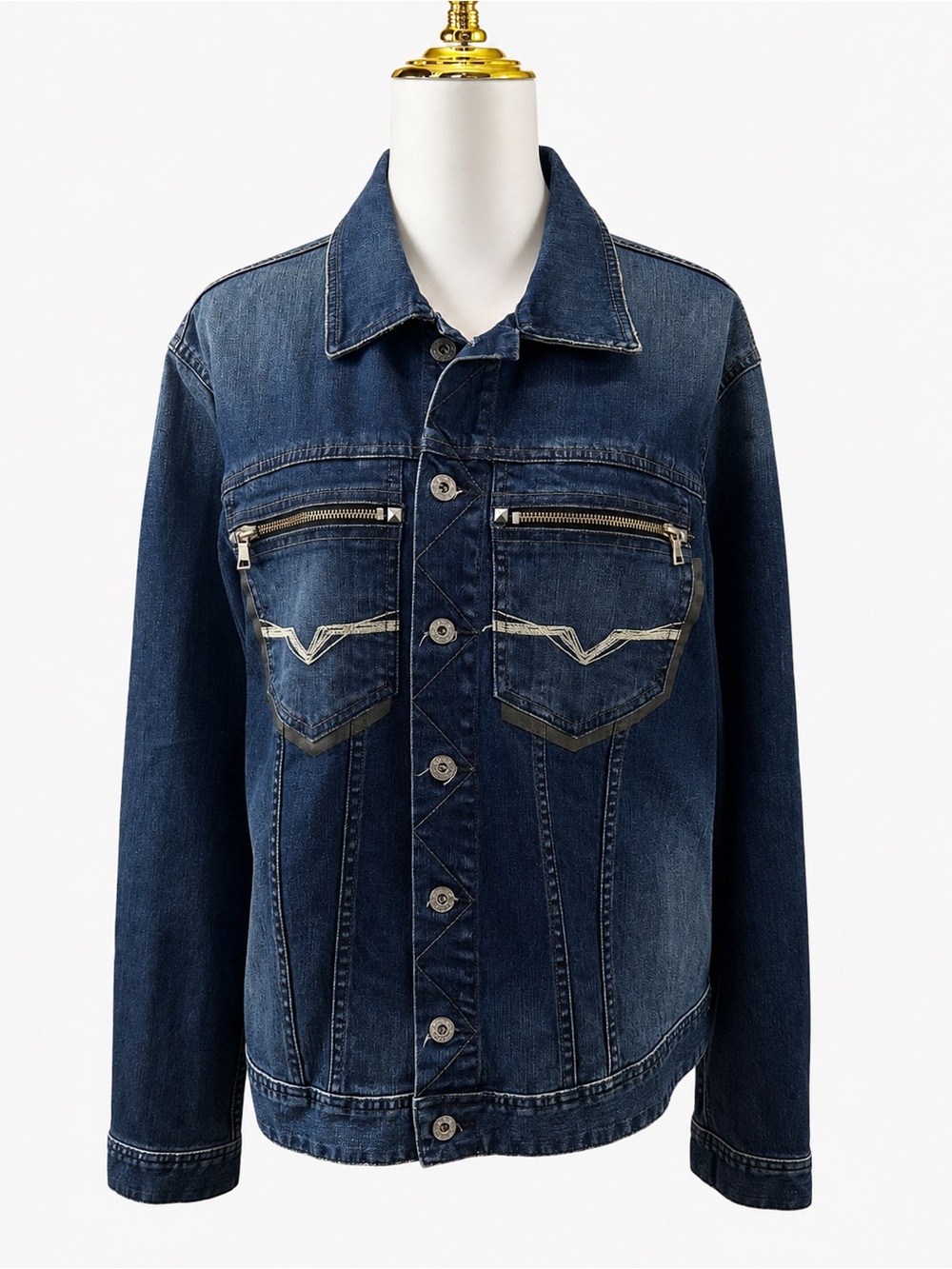 Guess Men's Dark Blue Denim Jacket with Zip Chest Pockets